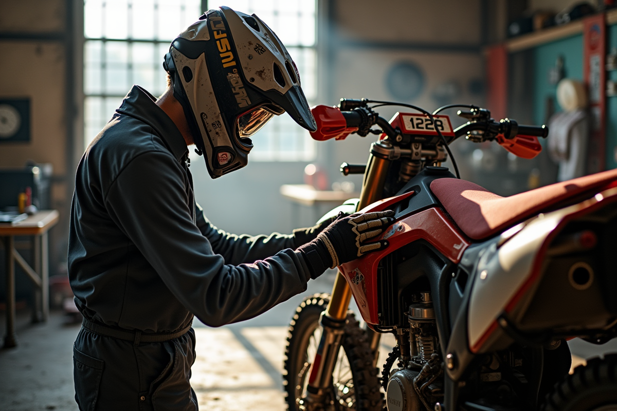 Rider en pleine réparation d une moto enduro dans un garage ensoleille
