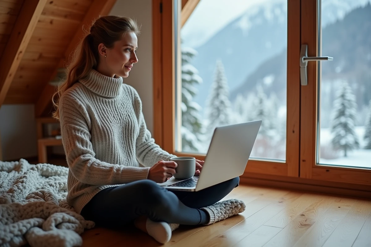 Femme réservant un hébergement ski tout compris à Pra Loup sur son ordinateur portable dans un appartement alpin