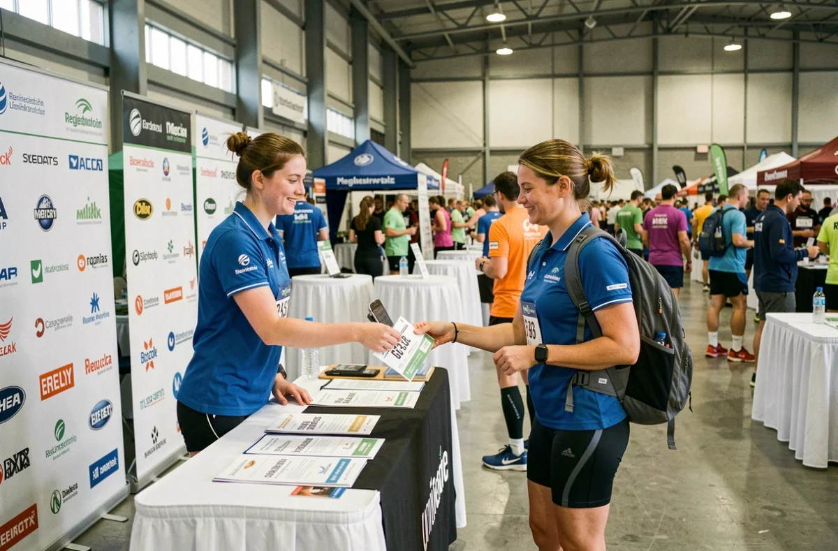 Stand de retrait des dossards au salon du Marathon de Paris avec des bénévoles remettant un dossard à une coureuse