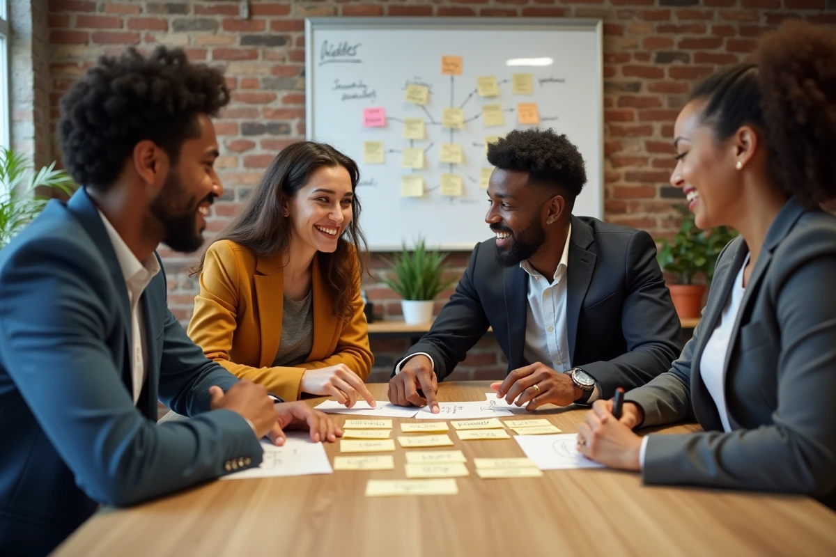 Équipe de jeunes professionnels en réunion créative autour d'une table, brainstorming de noms d'équipe drôles et sérieux sur des post-it