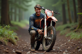 Jeune homme en motocross ajustant sa roue avant en pleine nature