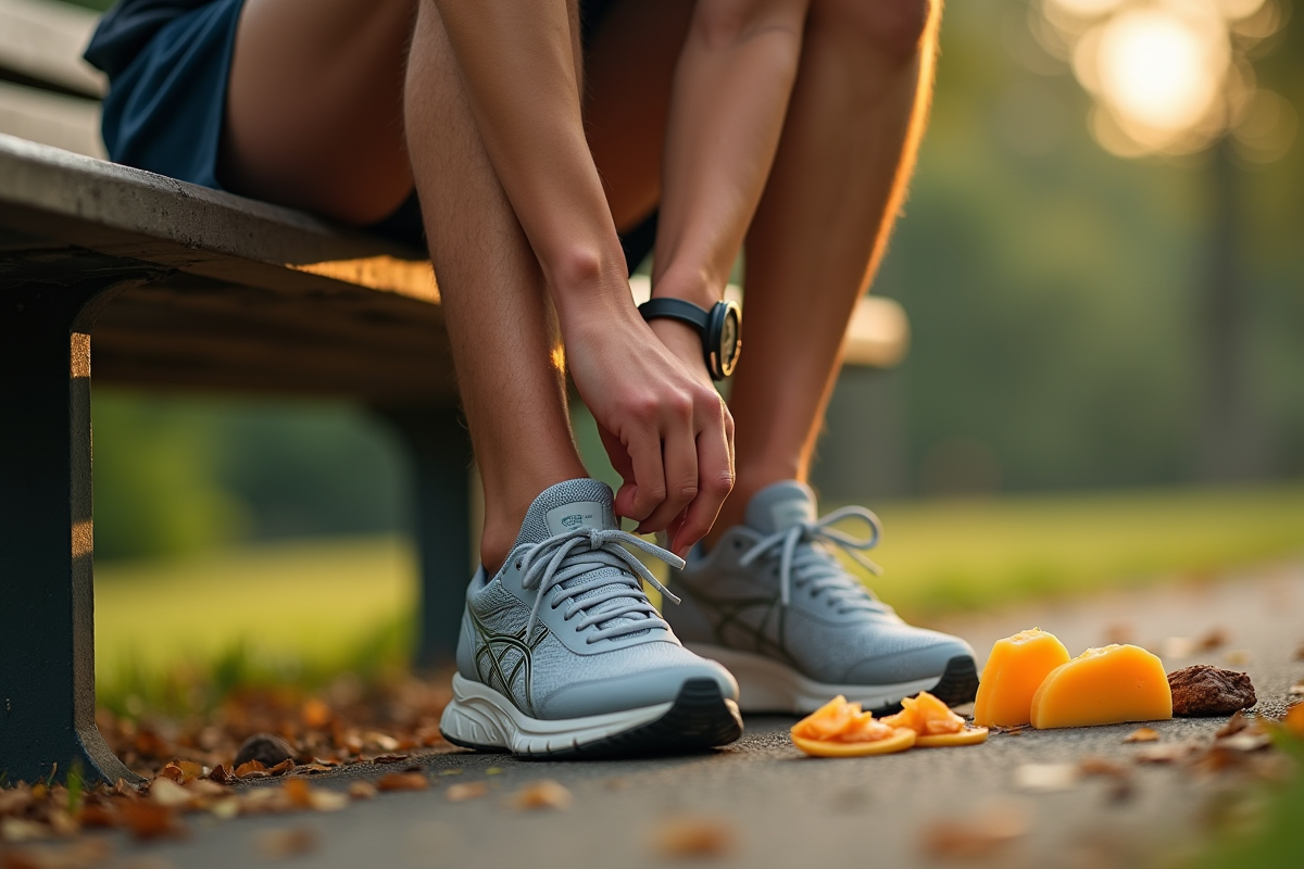 Coureur attache ses chaussures a cote d