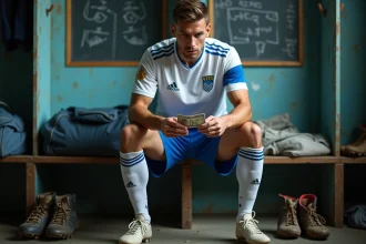 Joueur de football amateur en National 2 comptant son salaire dans un vestiaire modeste de club de football semi-professionnel
