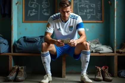 Joueur de football amateur en National 2 comptant son salaire dans un vestiaire modeste de club de football semi-professionnel