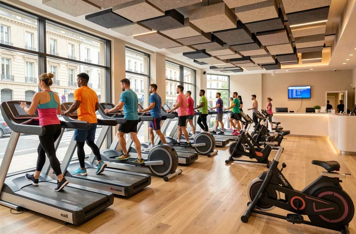 Salle de cardio moderne et lumineuse dans une ville des Pays de la Loire avec appareils de fitness et vue sur la rue