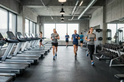 Vue panoramique d'une salle de fitness moderne en Bretagne avec équipements variés et ambiance contemporaine