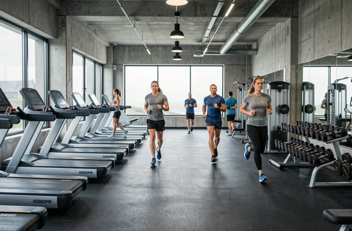 Vue panoramique d'une salle de fitness moderne en Bretagne avec équipements variés et ambiance contemporaine