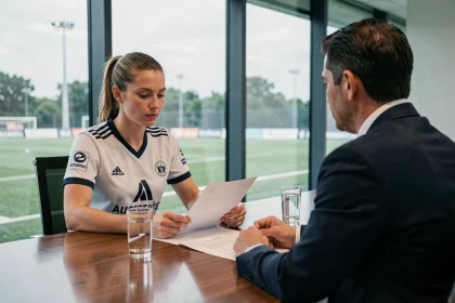 Joueuse de football féminin en réunion de signature de contrat avec un directeur sportif dans une salle de conférence de club professionnel