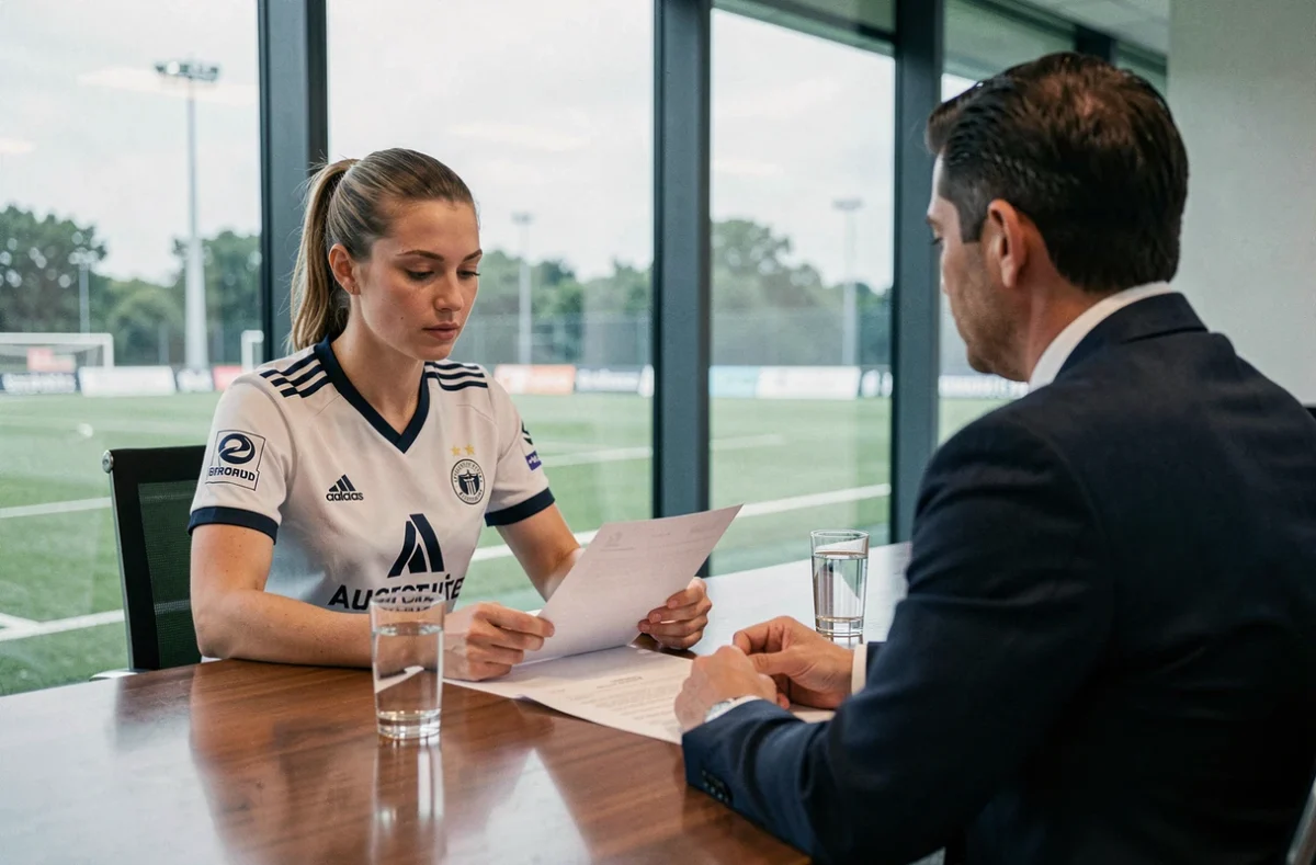 Joueuse de football féminin en réunion de signature de contrat avec un directeur sportif dans une salle de conférence de club professionnel