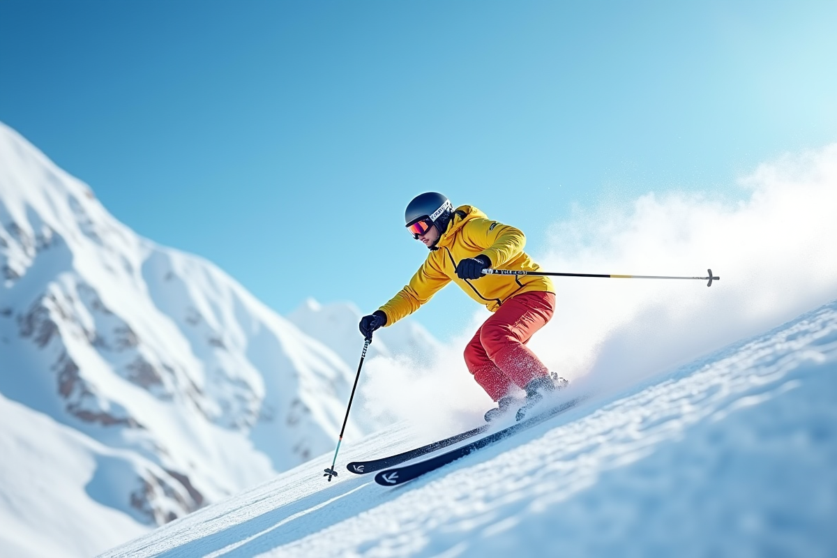 Skieur en combinaison colorée dévalant une pente enneigée sous un ciel bleu