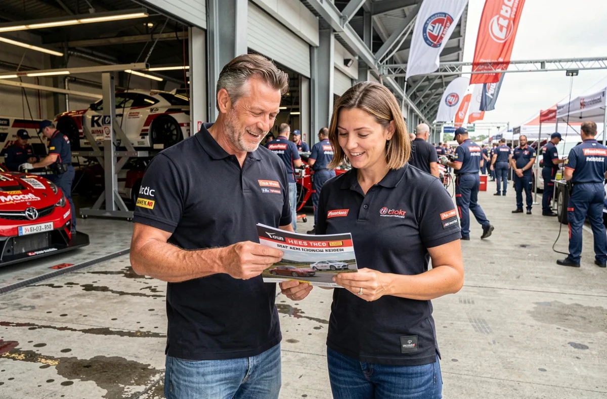 Couple de spectateurs dans le paddock d'une course automobile consultant le programme officiel de l'événement