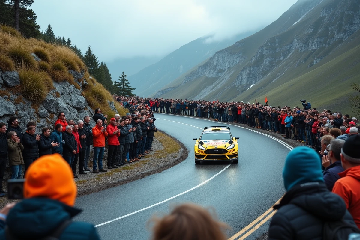 Spectateurs enthousiastes au bord d'une spéciale de rallye en montagne regardant passer une voiture de compétition en 2026