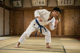 Judoka en kimono blanc exécutant une technique de projection sur tatami dans un dojo traditionnel