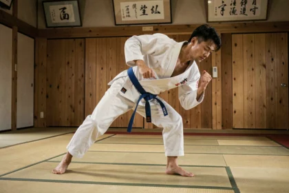 Judoka en kimono blanc exécutant une technique de projection sur tatami dans un dojo traditionnel