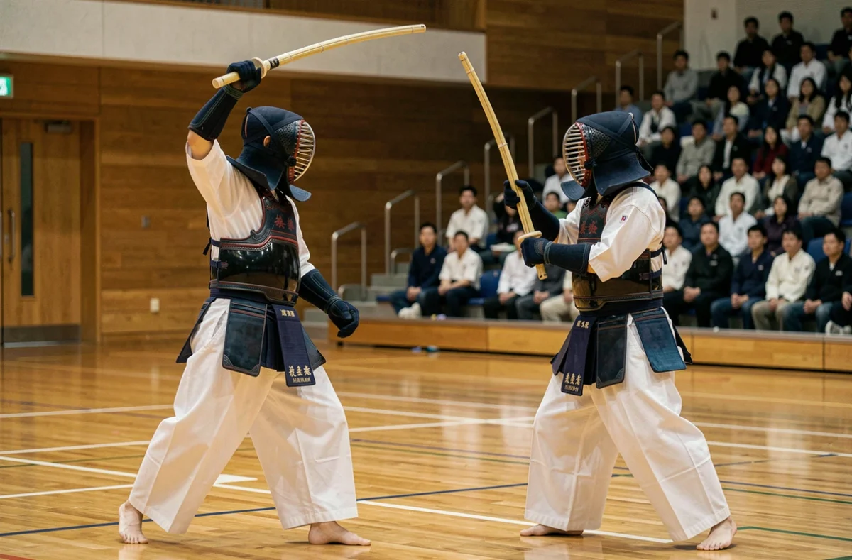 Deux kendokas en armure traditionnelle s'affrontent avec des shinai en bambou dans un gymnase japonais