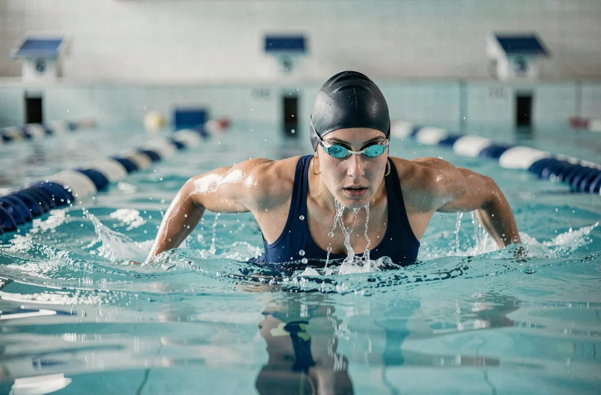 Nageuse en maillot de bain bleu marine effectuant une nage libre dans une piscine olympique couverte
