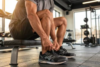 Sportif laçant ses chaussures de cross-training sur un banc en salle