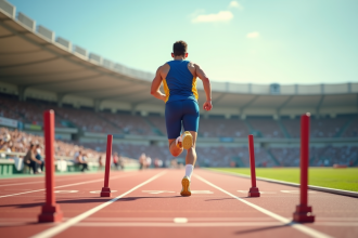 Sprinteur au départ explosant des starting blocks sur piste ensoleillée
