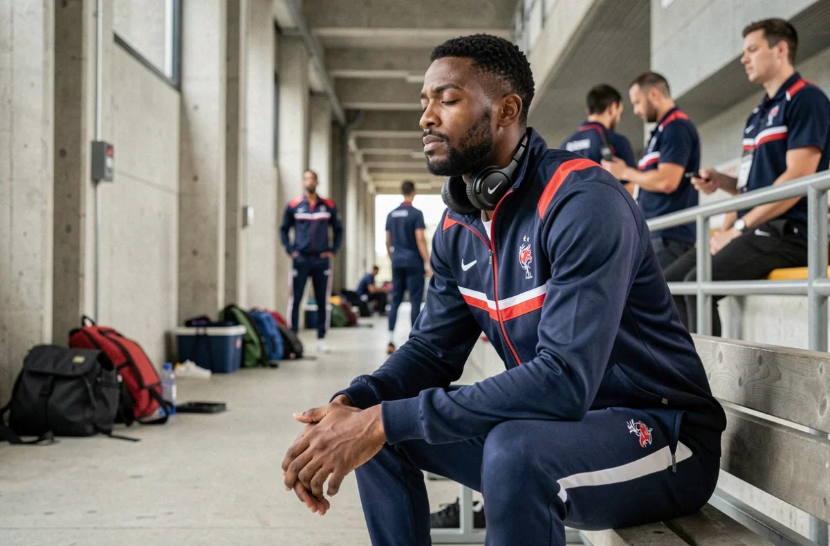 Sprinter de l'équipe de France en concentration avant sa course dans les coulisses d'un stade d'athlétisme, portrait documentaire