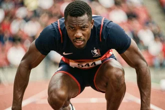 Sprinter français en position de départ sur piste d'athlétisme lors d'une compétition internationale, maillot bleu-blanc-rouge de l'équipe de France