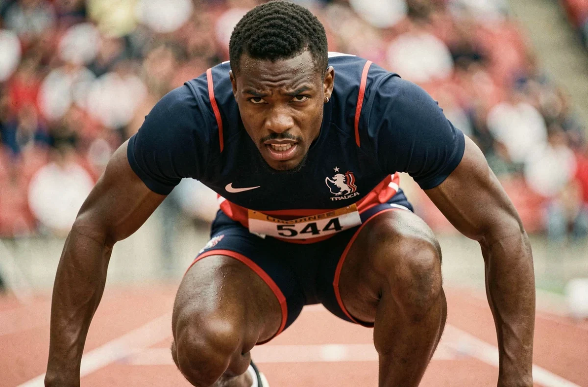 Sprinter français en position de départ sur piste d'athlétisme lors d'une compétition internationale, maillot bleu-blanc-rouge de l'équipe de France