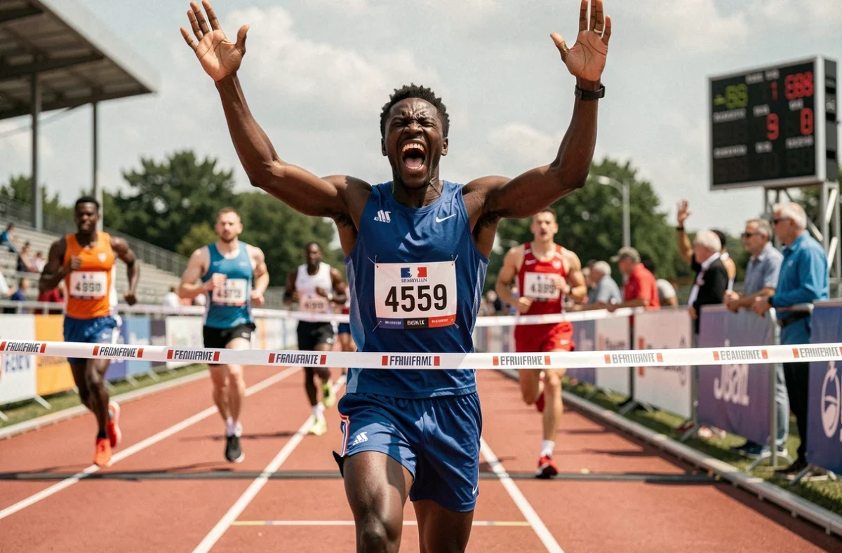 Athlète français franchissant la ligne d'arrivée en célébrant sa victoire lors d'un championnat d'athlétisme, équipe de France