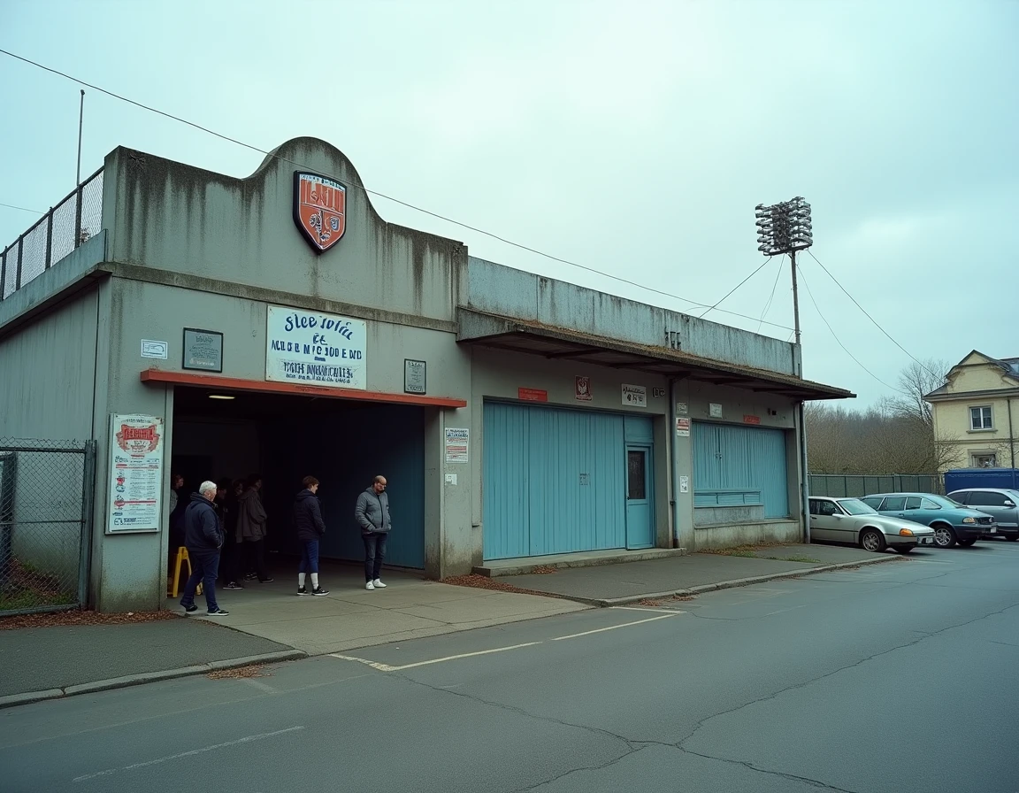 Façade d'un stade de club modeste de Ligue 1 avec des supporters devant l'entrée principale dans un quartier urbain ordinaire