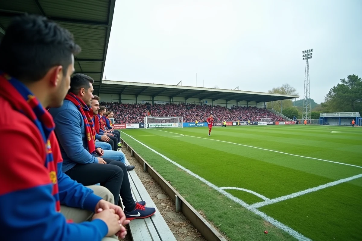 Vue panoramique d'un stade de football amateur à Aubagne avec des supporters dans les tribunes lors d'un match local