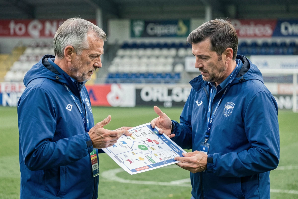 Staff technique du Racing Club de Strasbourg analysant les tactiques sur le bord du terrain pendant la saison Ligue 1 2026