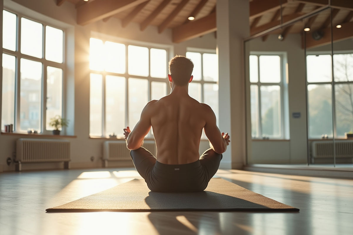 Studio de fitness avec homme faisant Pilates sur un tapis