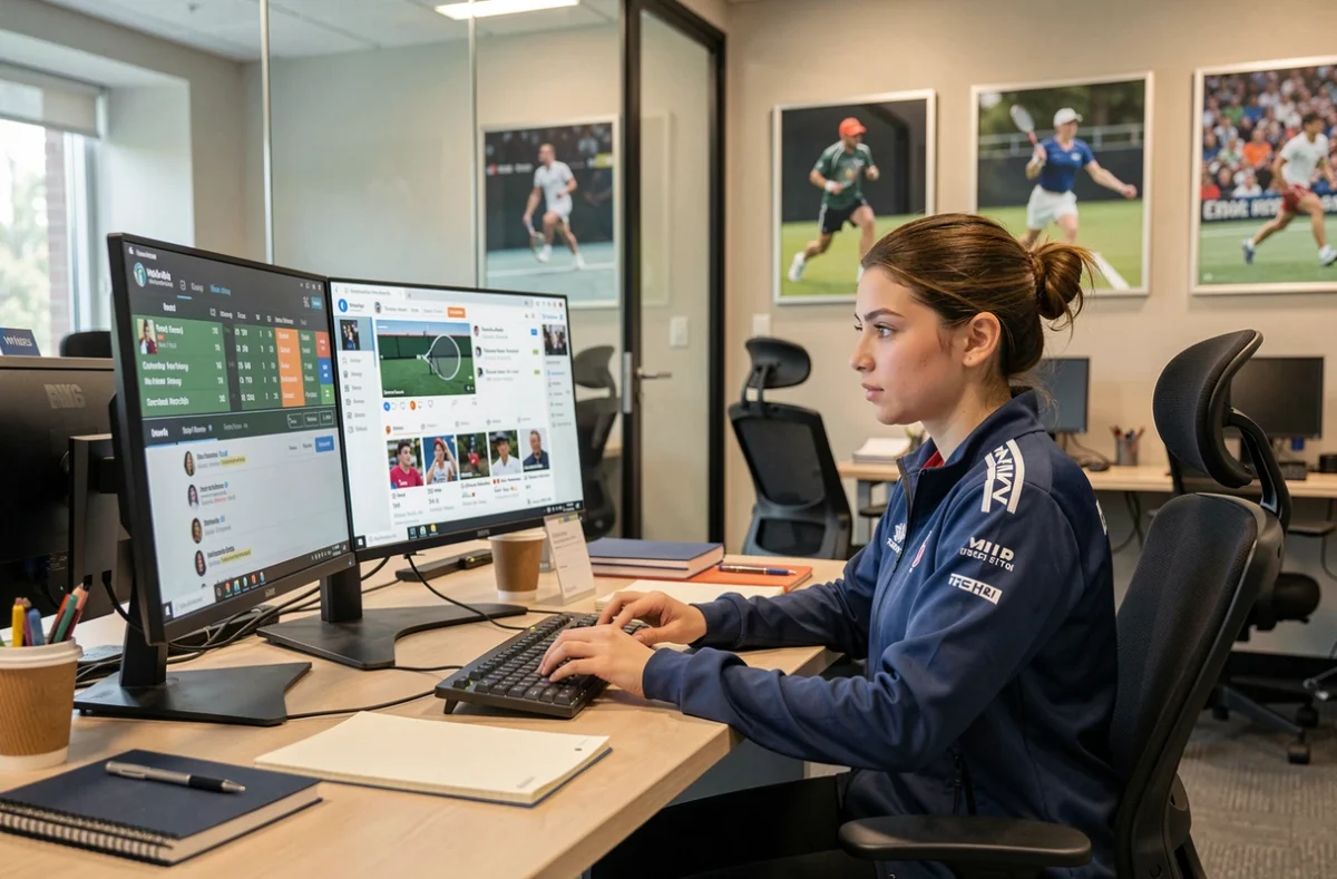 Journaliste sportive suivant en direct les matchs et réseaux sociaux d'une joueuse de tennis sur plusieurs écrans dans un bureau moderne