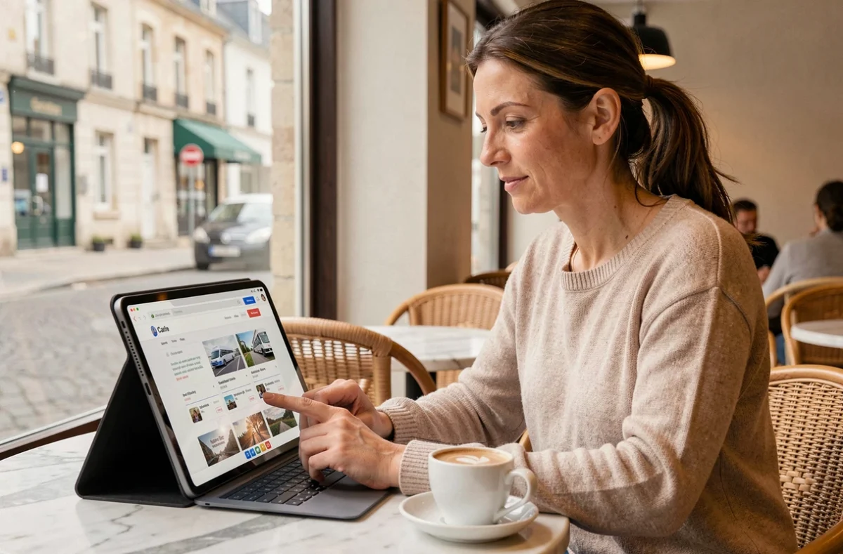 Femme recherchant un coach sportif dans le Calvados via un annuaire en ligne comme Superprof sur une tablette dans un café à Caen