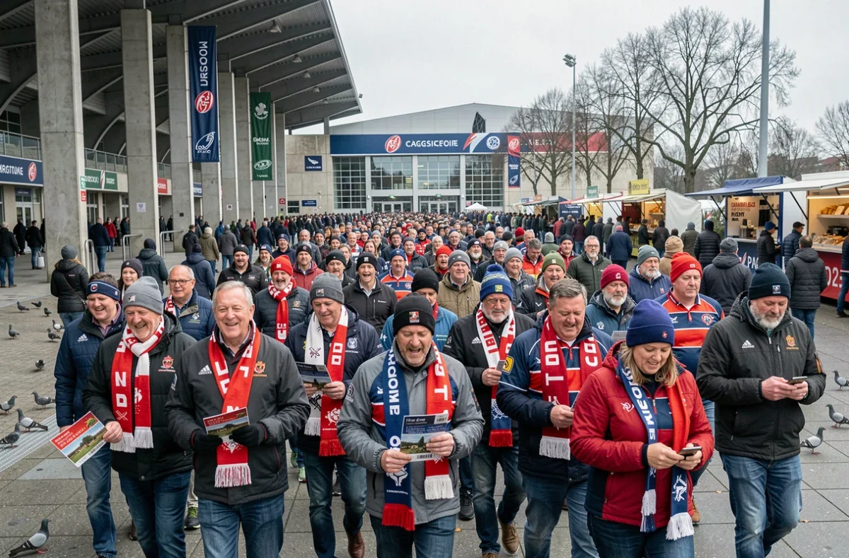 Supporters se rendant au stade pour un match de H Cup 2026, billets et calendrier en main