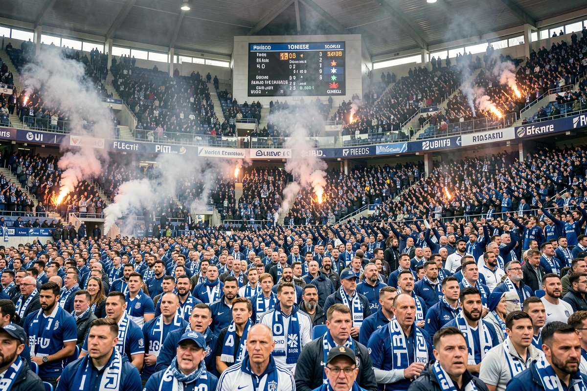 Tribune remplie de supporters du Racing Club de Strasbourg avec écharpes bleues et blanches lors d'un match de Ligue 1 2026