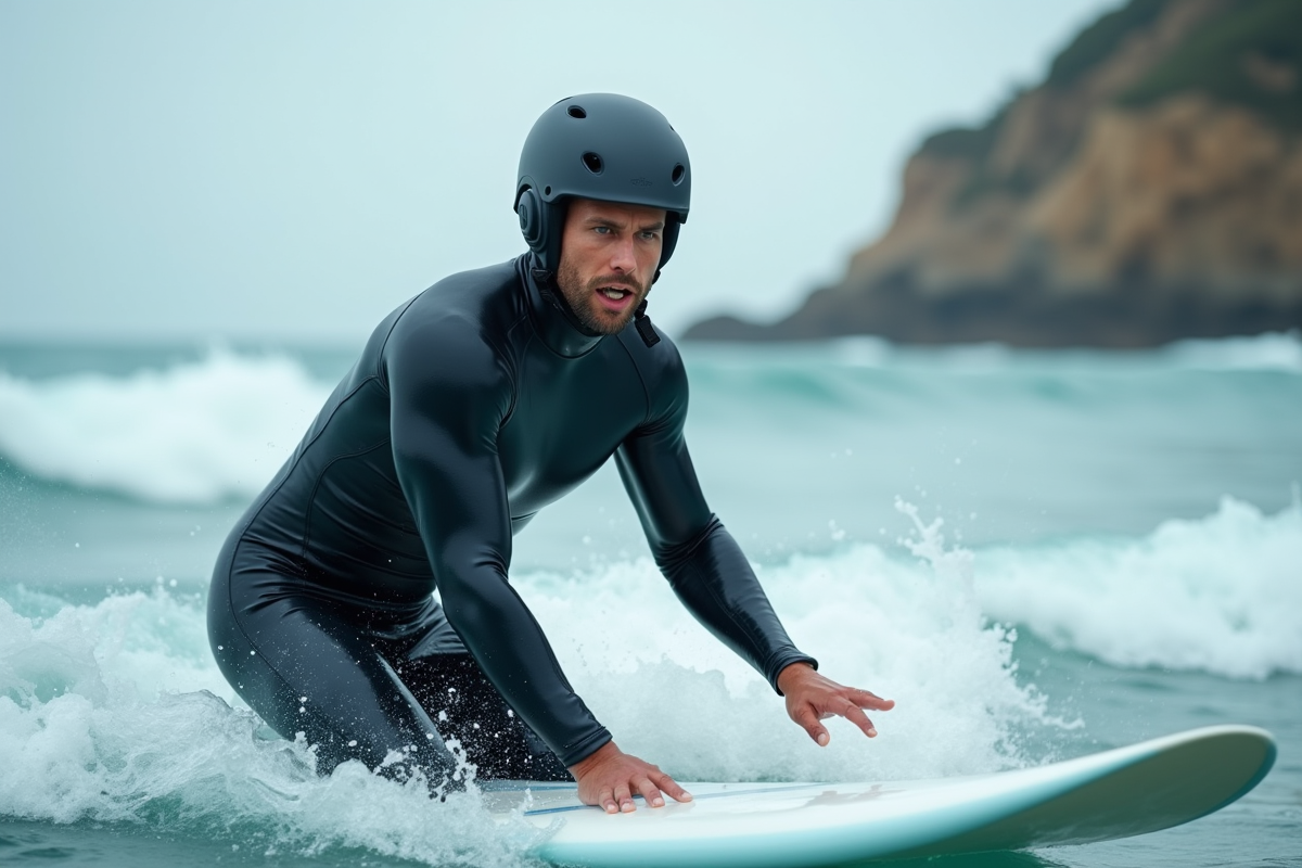 Homme en wetsuit surfant une vague en mer