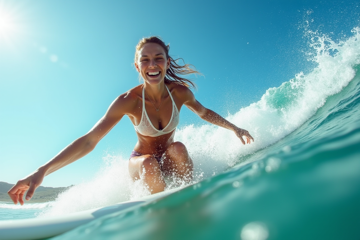 Femme surfeuse chevauchant une vague turquoise éclatante