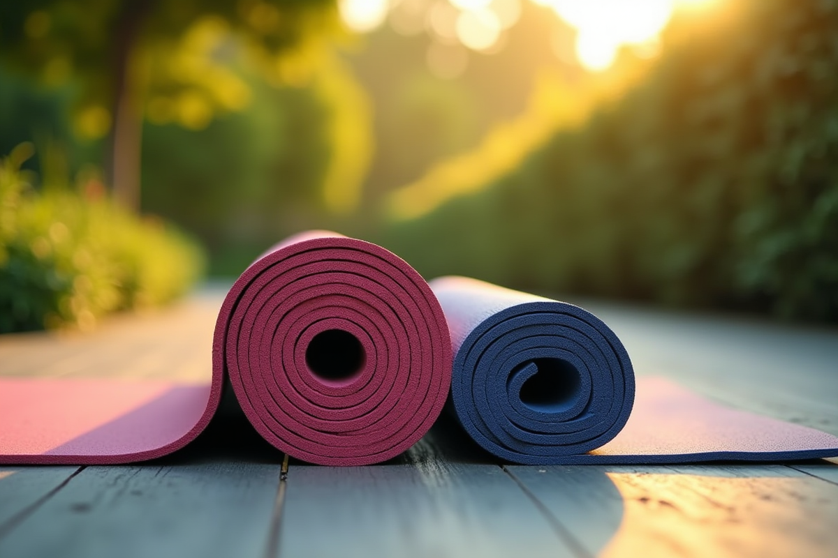 Deux tapis de yoga côte à côte sur une terrasse en plein air avec verdure
