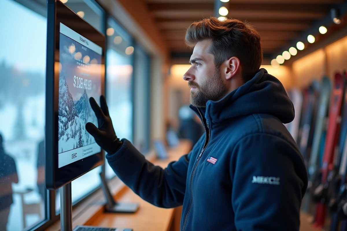 Jeune technicien de ski inspecte un écran de neige en magasin