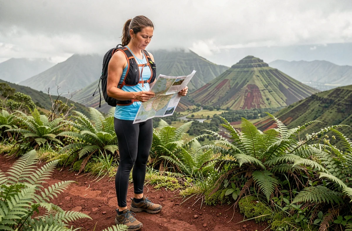 Traileuse en équipement technique étudiant son itinéraire sur les sentiers volcaniques de La Réunion avant la Diagonale des Fous