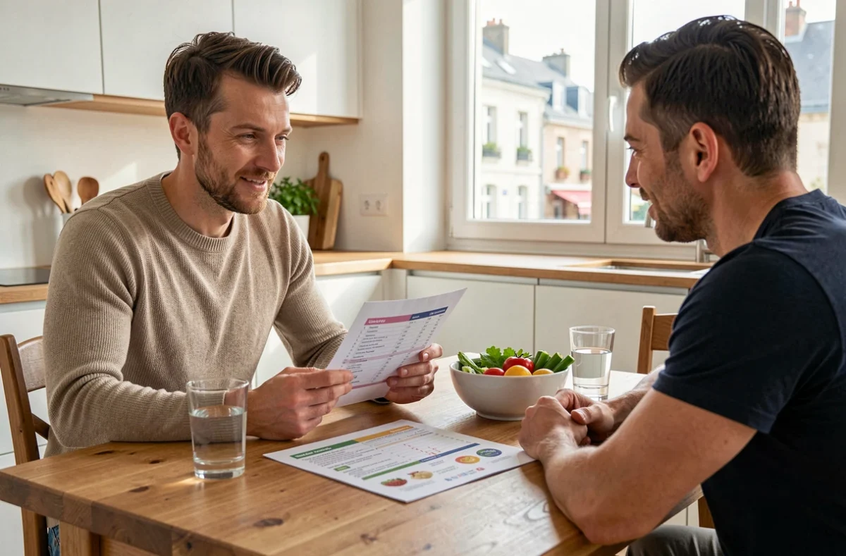 Coach sportif et client étudiant un plan nutritionnel ensemble dans une cuisine à Caen, service TrainMe