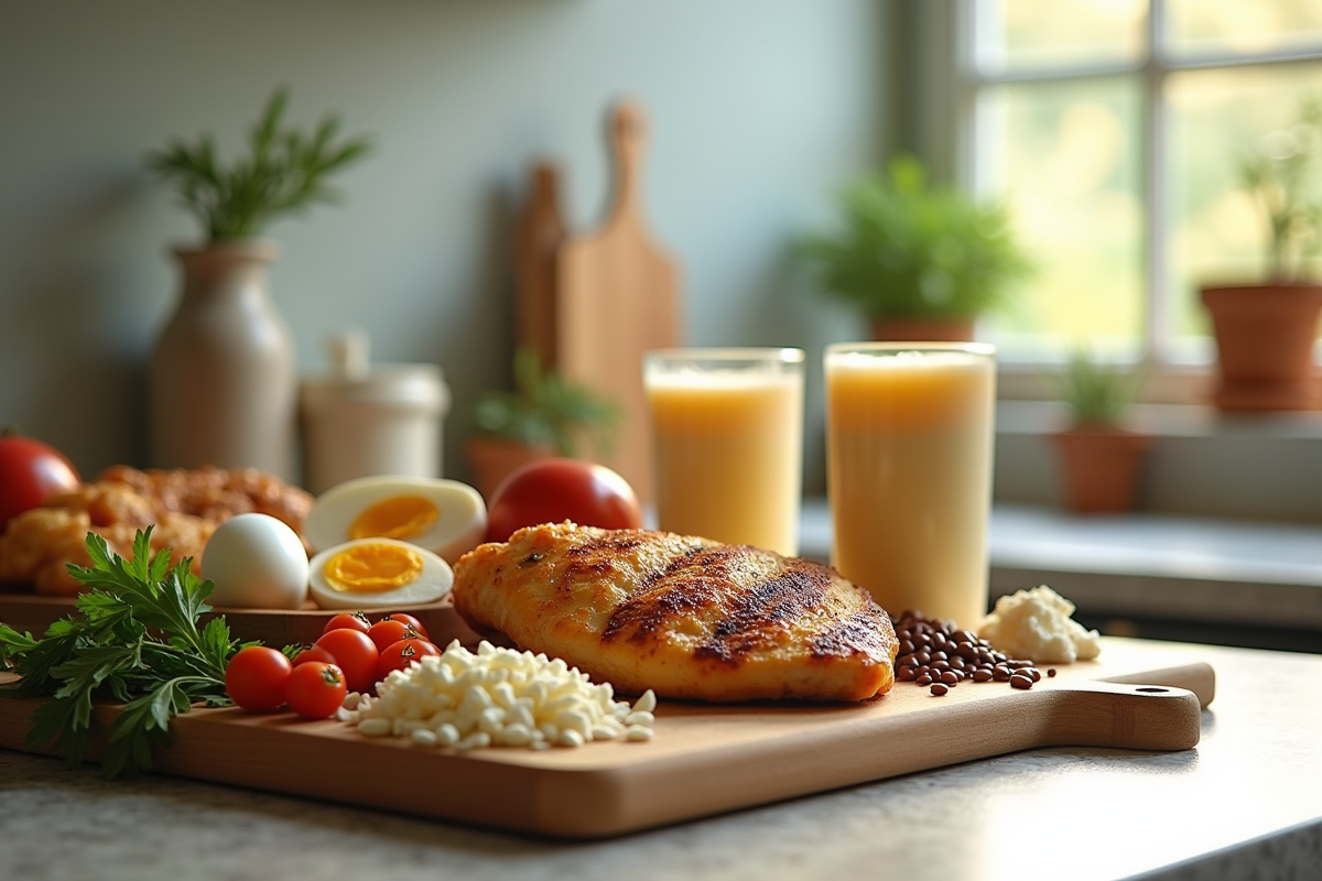 Variété d'aliments riches en protéines sur un plan de travail