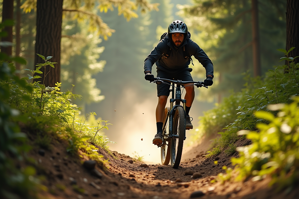 Jeune homme faisant du VTT sur un sentier en forêt