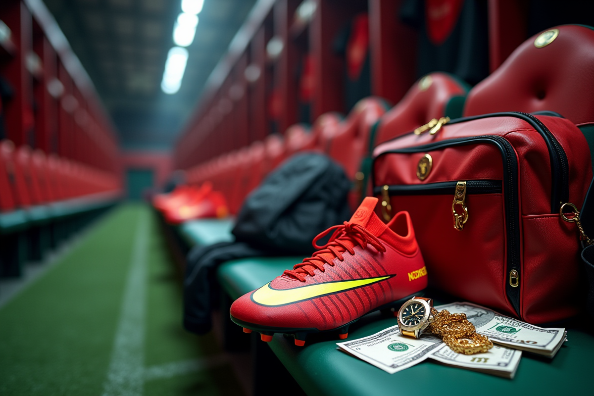 Vestiaire de football avec sacs et argent après match