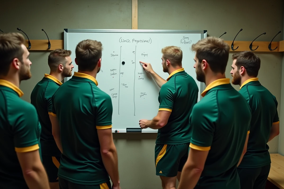 Réunion tactique d'une équipe de rugby Fédérale 2 autour d'un tableau blanc dans un vestiaire de club amateur