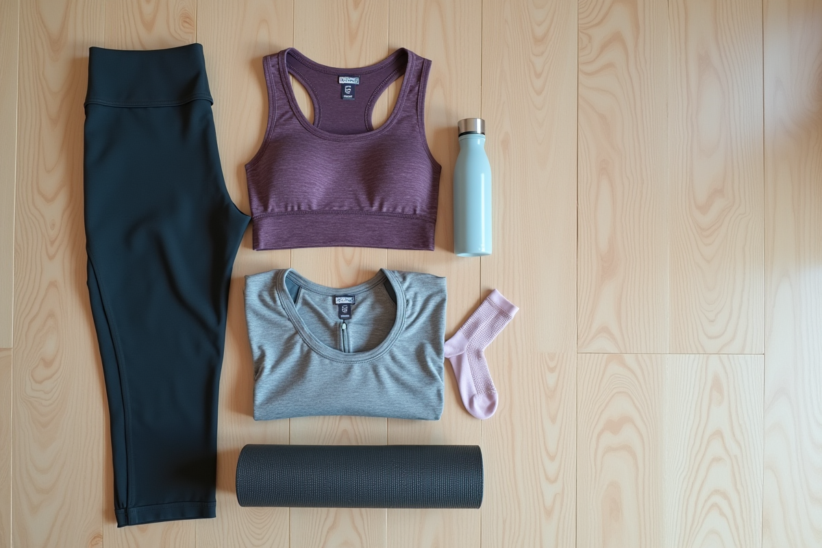 Vêtements et accessoires de Pilates sur un sol en bois clair