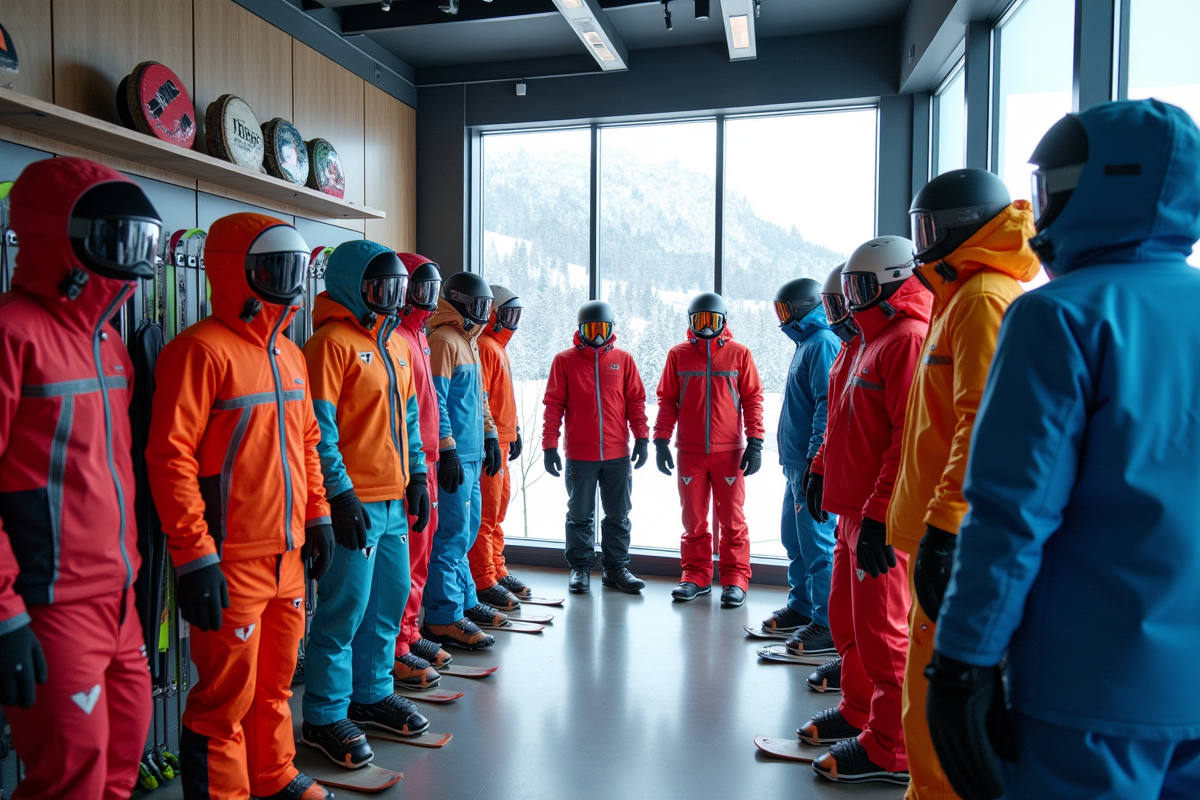 Vêtements de ski colorés exposés dans une boutique moderne avec vue sur la neige