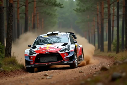Voiture de rallye en dérapage sur une spéciale en forêt avec graviers et poussière, illustrant le calendrier rallyes 2026