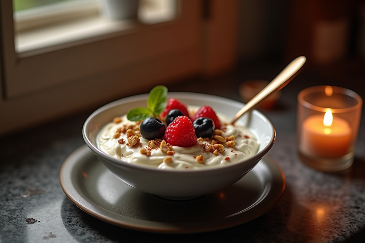 Bol de yaourt grec avec fruits et noix dans une cuisine chaleureuse